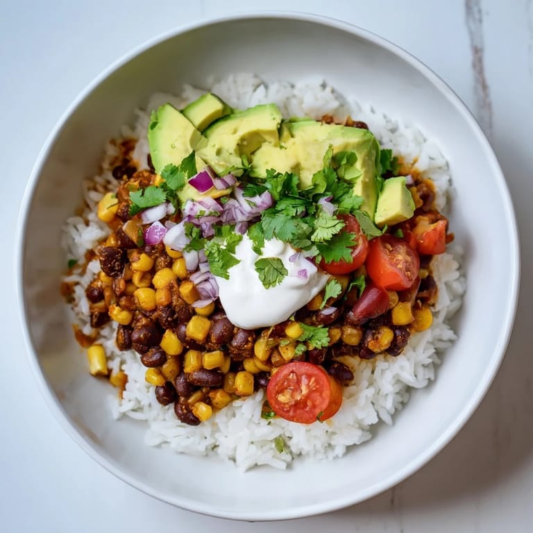 Enjoy the visually stunning, fresh ingredients of these vegetarian rice, bean, and corn burrito bowls.