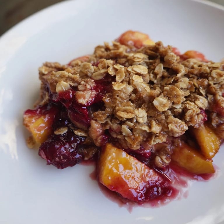 Steaming hot Fruit Crisp with fresh fruit and a crispy oat topping, ideal for a sweet treat.