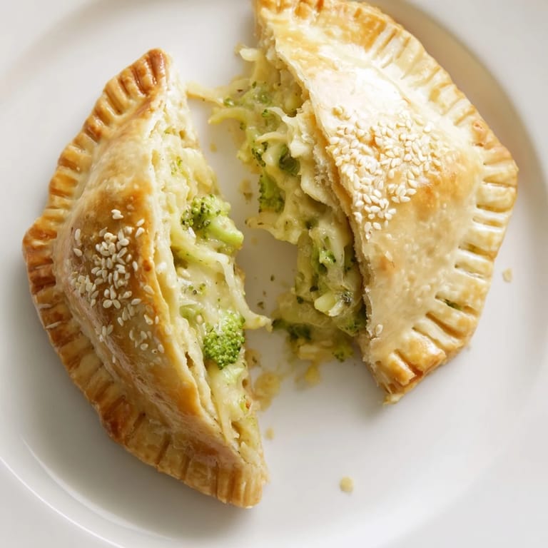 A close-up of steaming Broccoli Cheddar Quiche-less Hand Pies, baked to a perfect golden brown crisp.