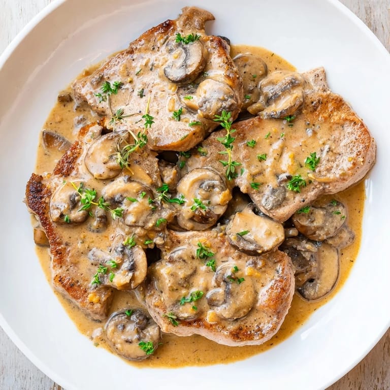 Delicious and flavorful stove top pork chops, topped with creamy mushroom sauce for a hearty dinner.