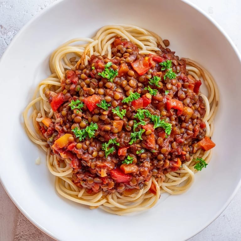 A generous serving of Hearty Lentil Bolognese, garnished with fresh herbs, ready to be enjoyed.