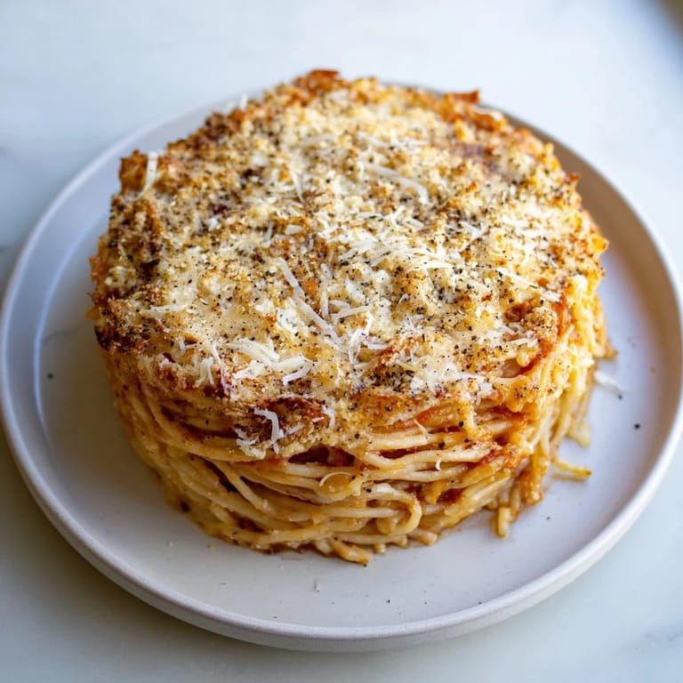 A slice of Cacio e Pepe Pasta Pie, showcasing the golden crust and creamy, peppered filling.