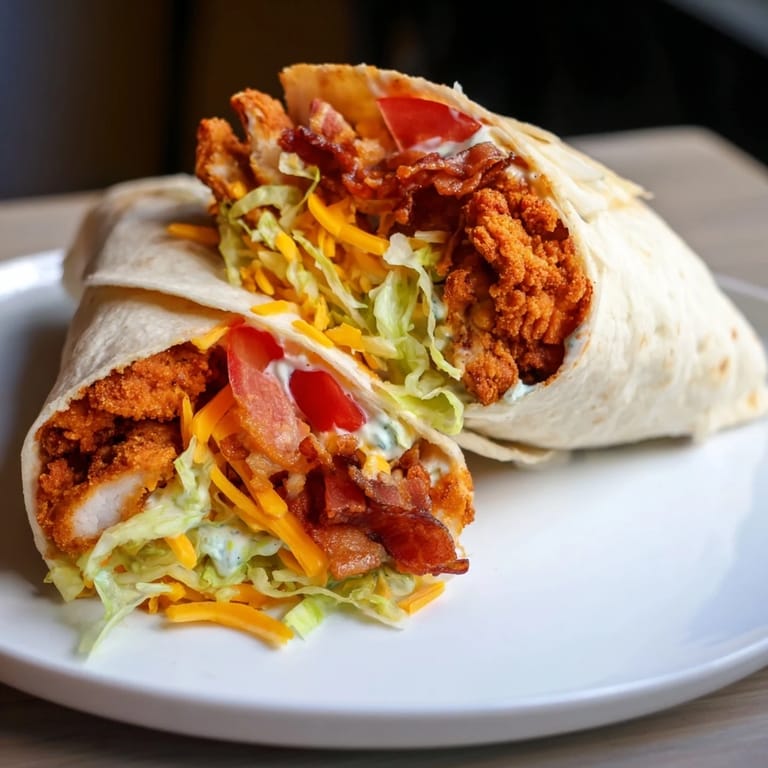 Warm tortilla tightly rolled around an Irresistible Crispy Chicken Bacon Ranch Wrap, perfect for a hearty lunch.