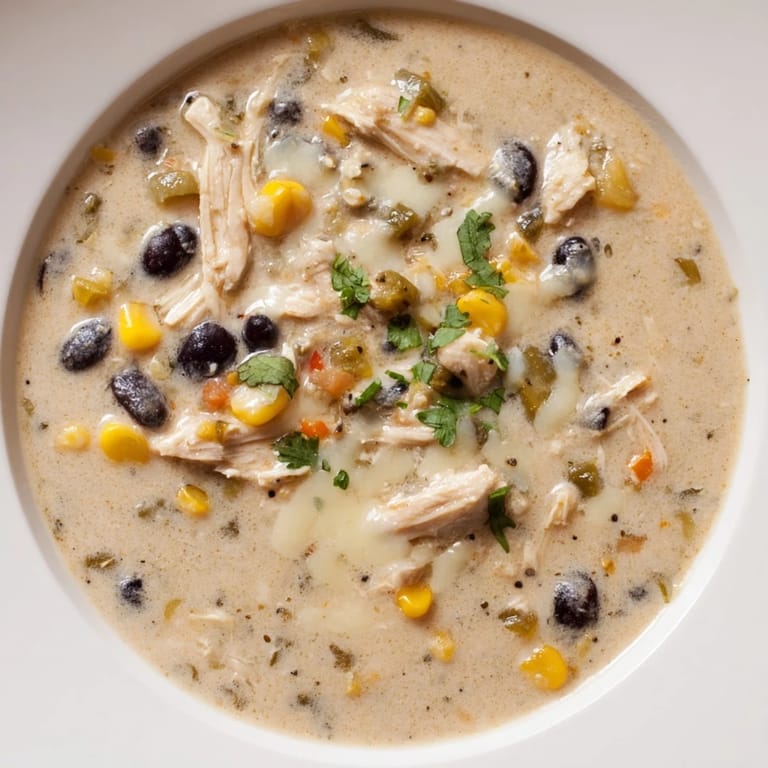 Close-up of a flavorful bowl of Chicken Poblano Soup, showcasing its rich, creamy broth.