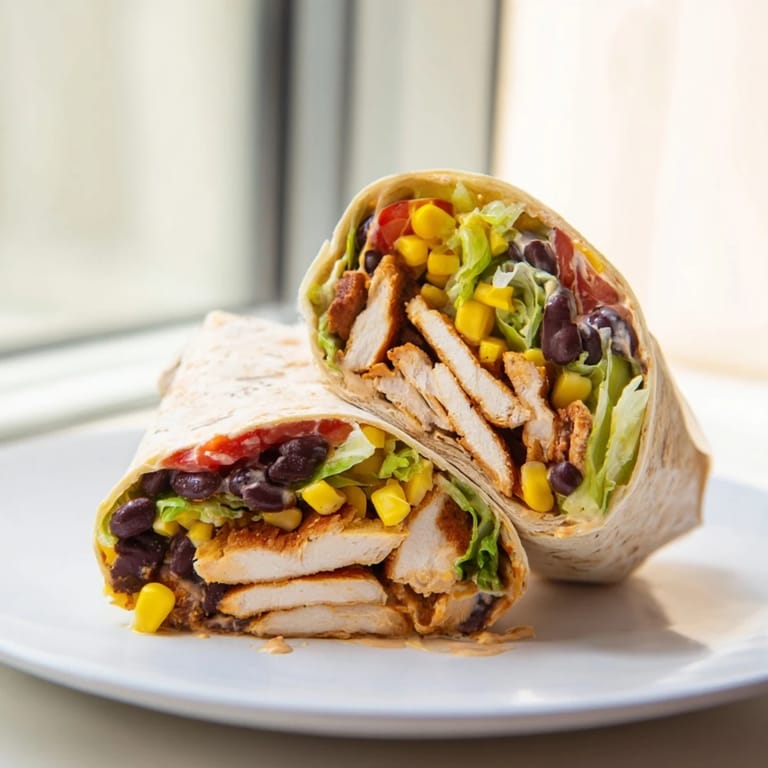 Close-up of a flavorful Southwest Chicken Wrap; the chicken's crispy, with fresh ingredients showing.