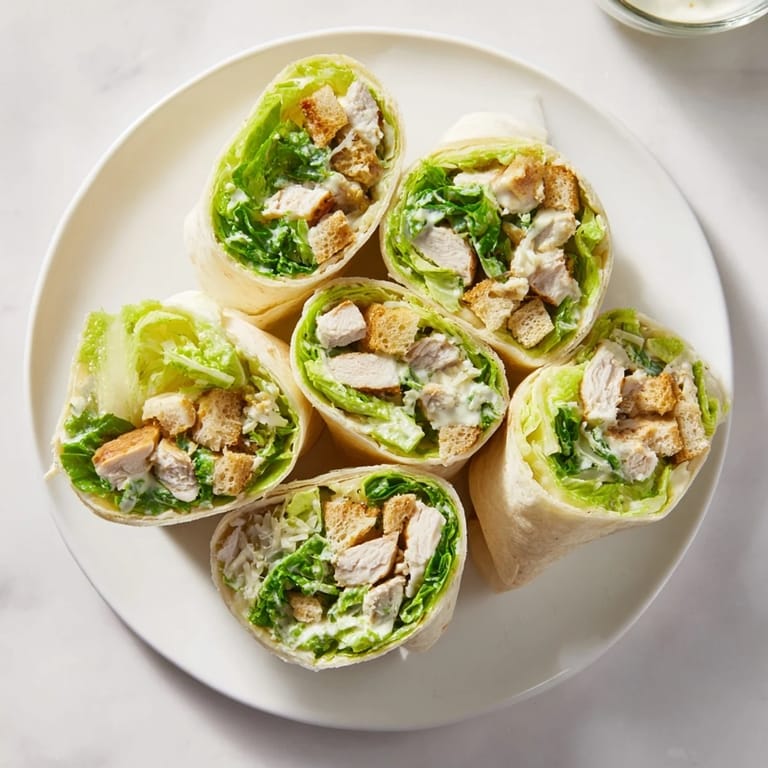 Delicious Chicken Caesar Wraps filled with grilled chicken, Parmesan, and crunchy croutons in a warm tortilla.