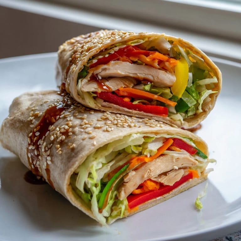 This photo features a sliced teriyaki chicken wrap, showcasing its savory filling and fresh ingredients.
