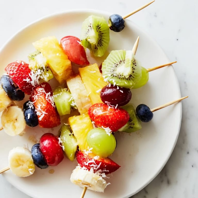 Vibrant easy festive fruit kabobs feature colorful fruit on skewers, making a delightful, healthy dessert choice.