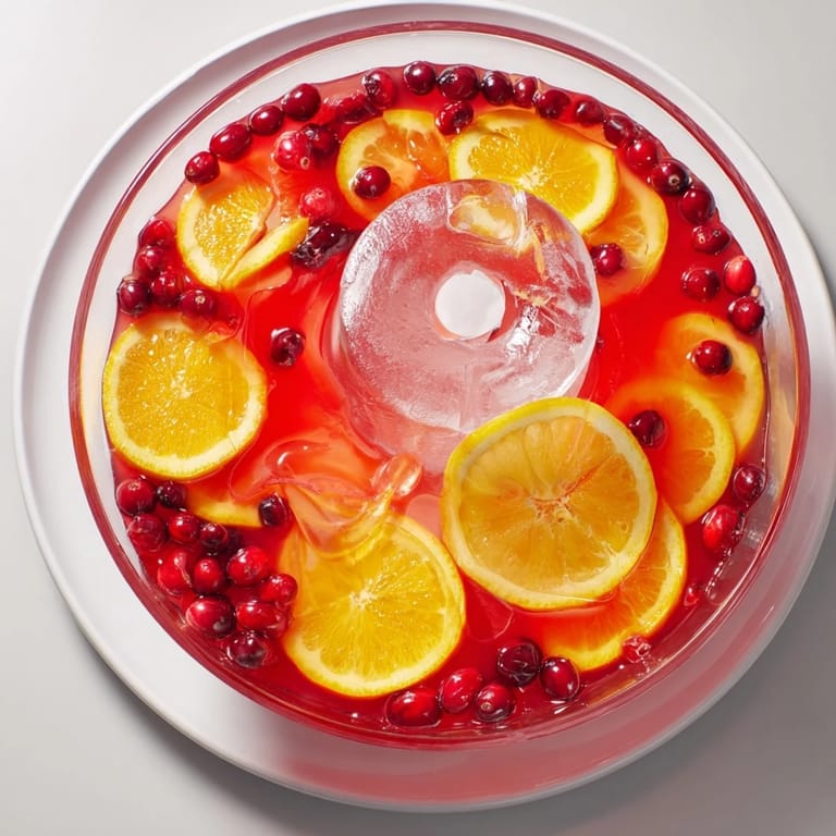 Enjoy a vibrant Quick Holiday Punch with Ice Ring, showcasing floating citrus fruits and cranberries for a festive drink.