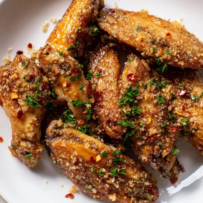 Close-up of crispy air fryer garlic-Parmesan chicken wings, perfect for game day snacking.