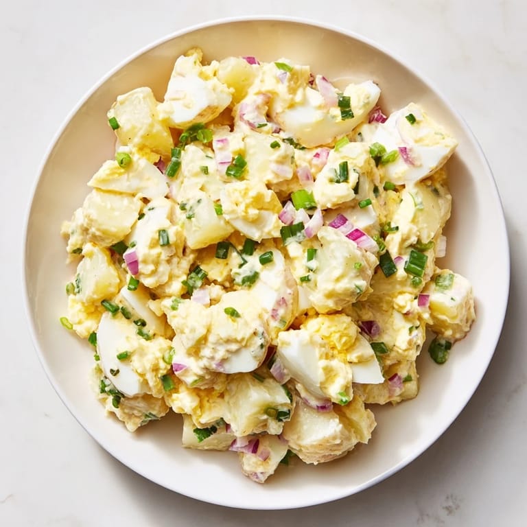 Perfectly cooked Chopped Egg and Potato Salad, featuring tender potatoes, creamy dressing, and colorful vegetables.