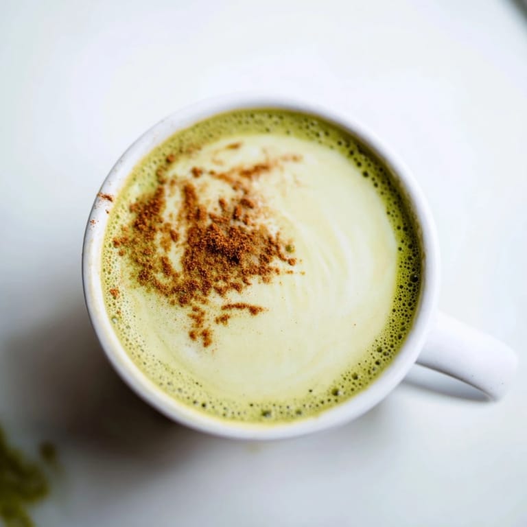 A vibrant green, frothy Cinnamon Maple Oat Milk Matcha Latte served in a cozy mug, perfect for mornings.