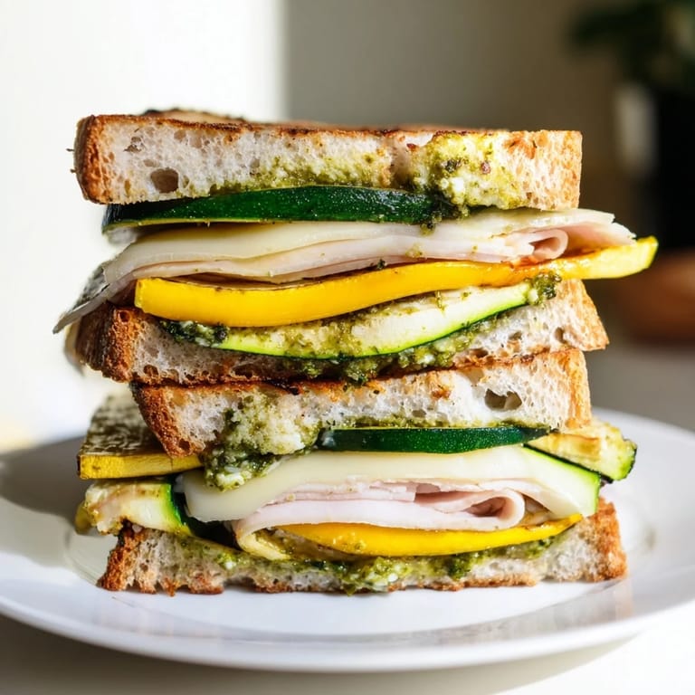 Savory Pesto Turkey Zucchini Grilled Cheese Stacks with melted provolone and a vibrant basil pesto swirl.