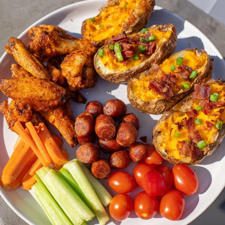 This impressive Touchdown Football Tailgate Spread displays delicious, smoky sausages and colorful veggie sticks with creamy dips.