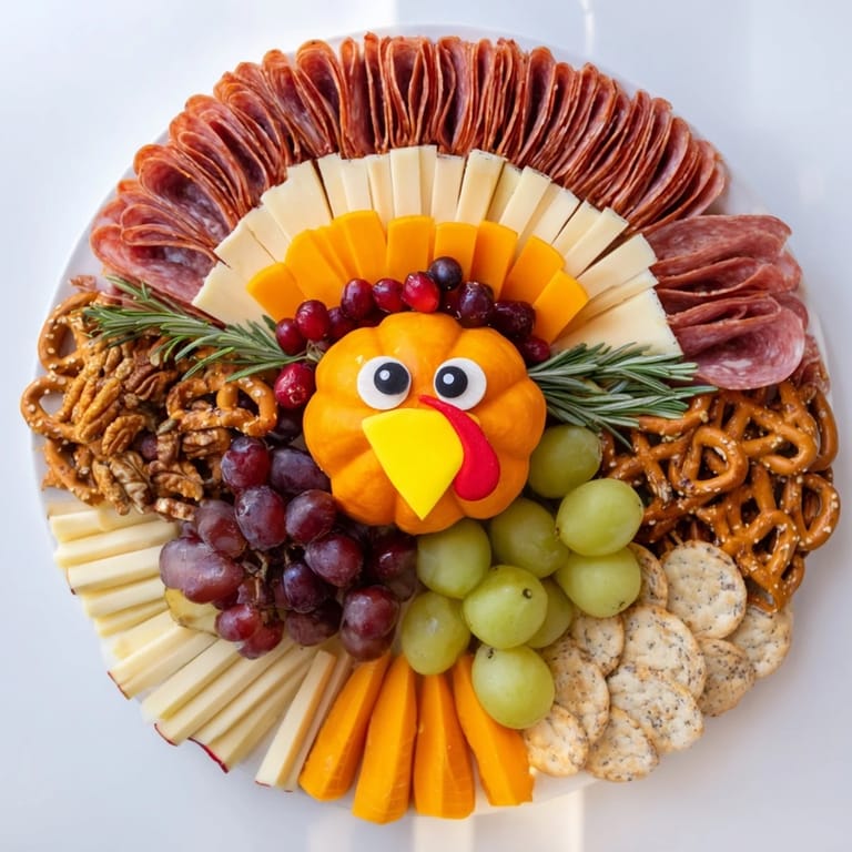 Vibrant Wheat Field Thanksgiving Turkey Board, a Thanksgiving appetizer boasting artisanal cheeses, salty meats, and sweet fruits.