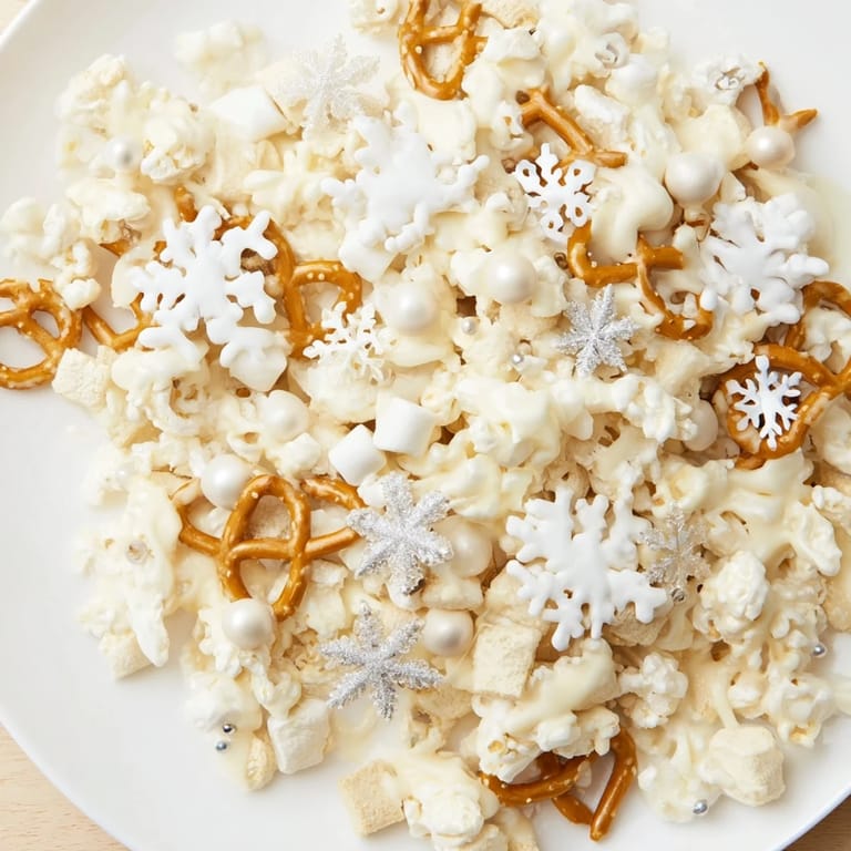 Close-up of the finished Ski Season Snowflake Snack Mix, showcasing crunchy texture with wintry decorations.
