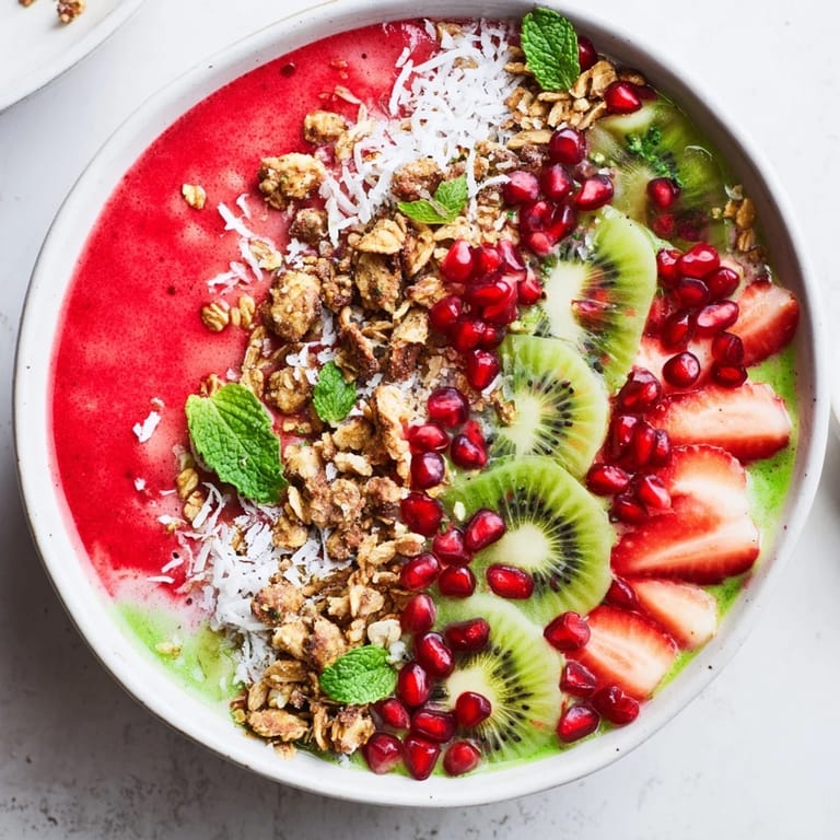 A vibrant close-up of Festive Red and Green Smoothie Bowls, creamy red and green layers topped perfectly.
