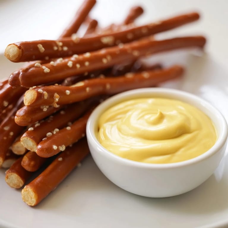 Golden pretzel rods perfectly displayed beside a bowl of spicy, flavorful hot mustard dipping sauce.
