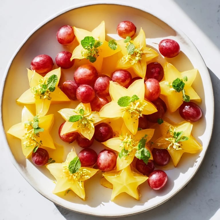 Bright, star-shaped starfruit slices and grapes, a visually appealing brunch side dish ready to serve.