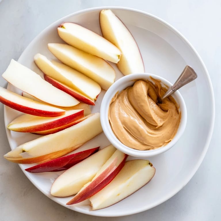 A colorful plate of fresh apple slices ready to be dipped into rich peanut butter.