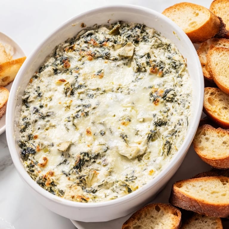 Creamy spinach artichoke dip, topped with melted cheese, ready to be scooped with toasted baguette rounds.