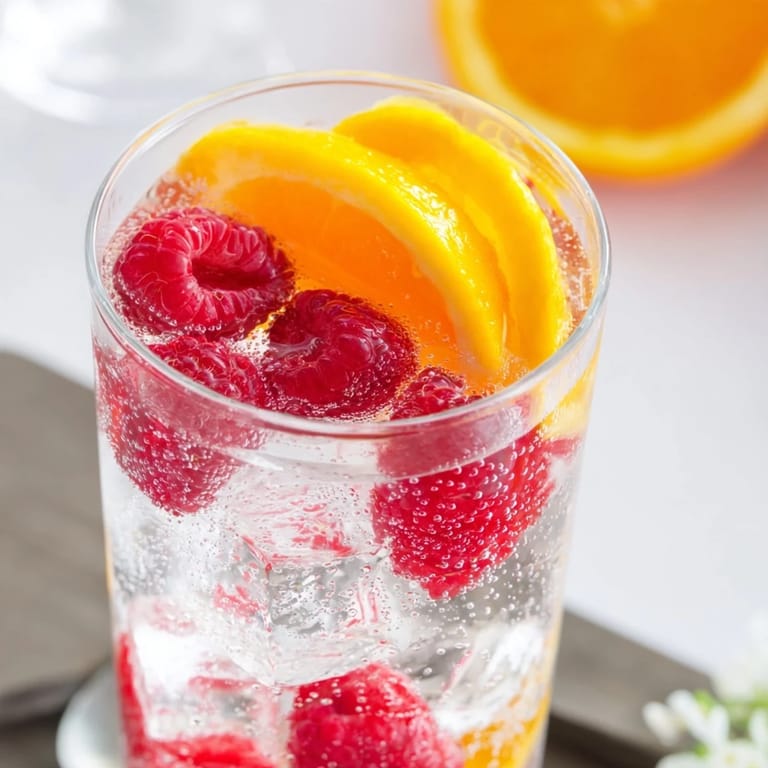 Vibrant red raspberries float in chilled Sparkling Juice with Raspberries, a celebratory drink easily made.