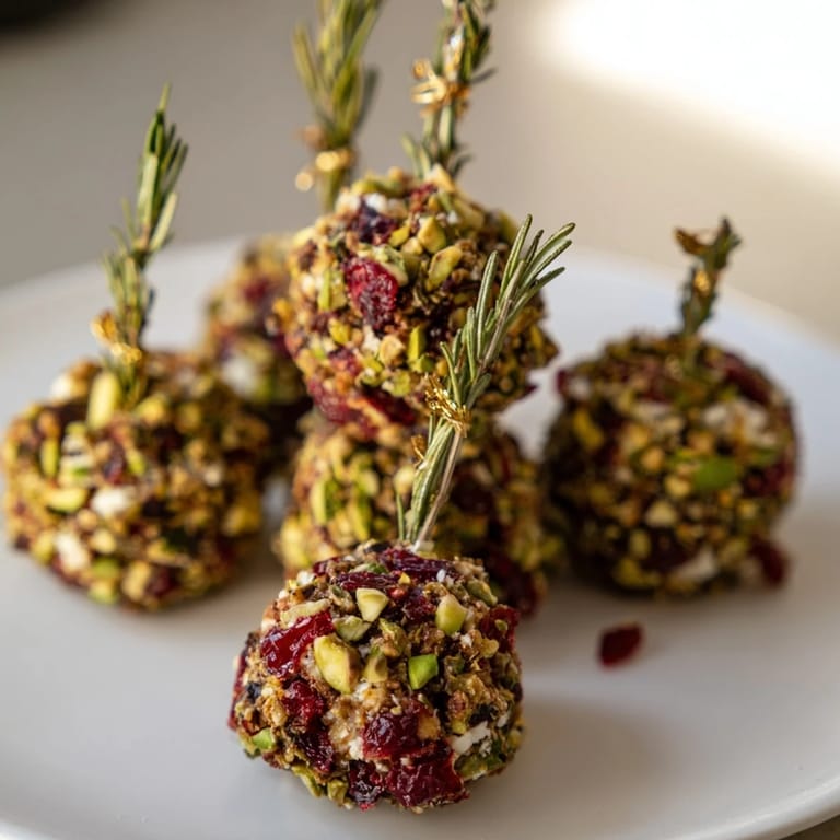 Close-up of delicious Holiday Ornament Clusters: coated cheese balls perfect for any party spread.