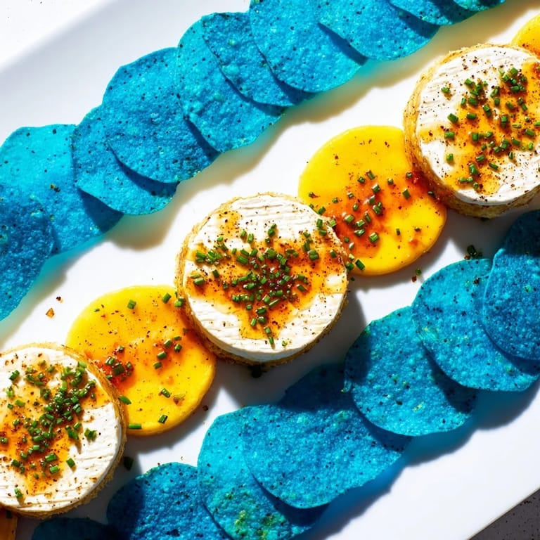 Appetizing close-up of The Stepping Stones, cheese "stepping stones" spanning a river of blue corn chips, ready to serve.