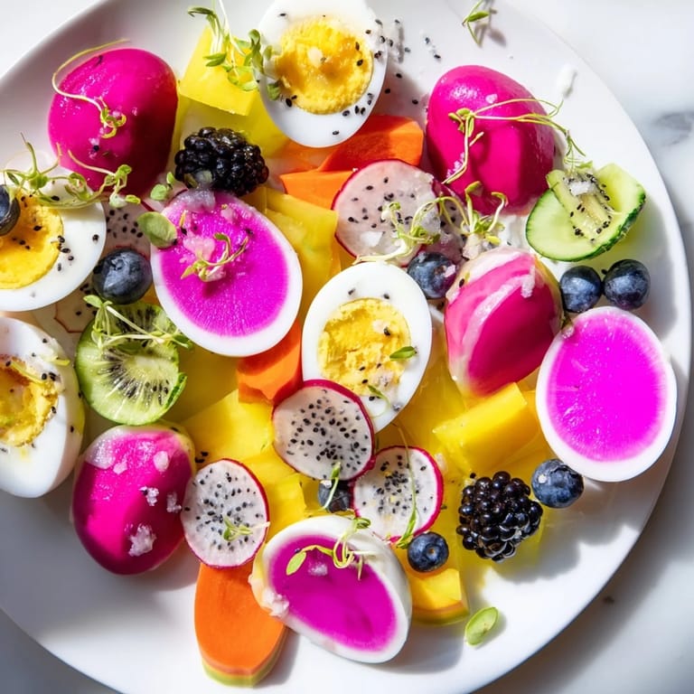 Imagine The Neon Night: beautifully arranged colorful vegetables, fruit, and beet-dyed eggs ready to enjoy.