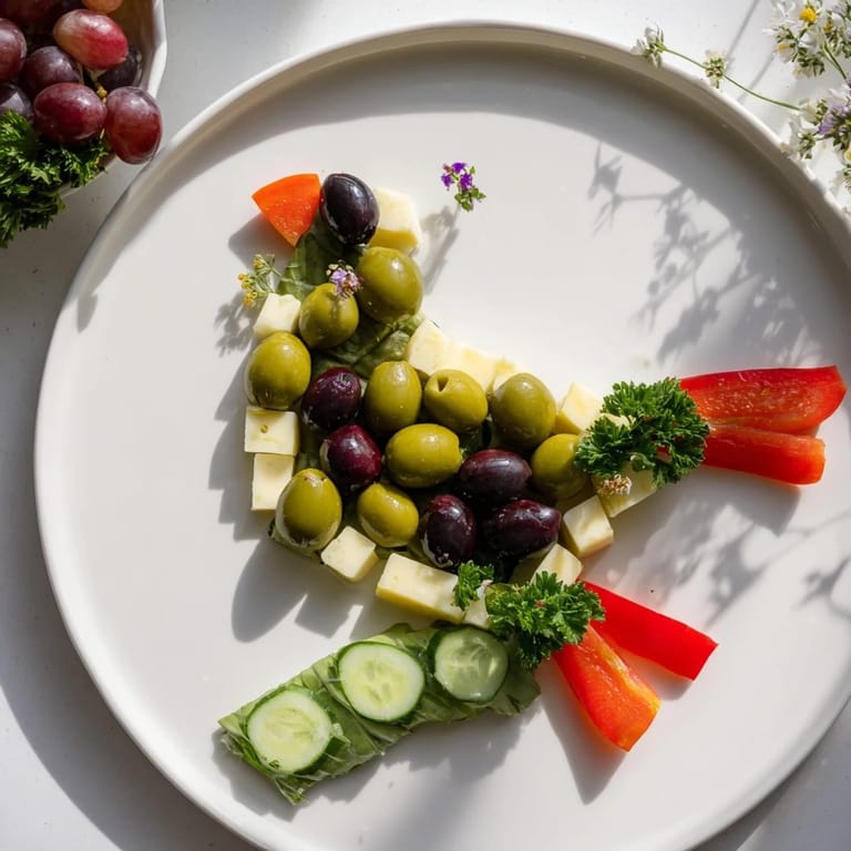 Beautiful Colombe de la Paix Olive Platter: imagine an appetizer dove made of olives, feta, and Manchego cheeses ready to be served.