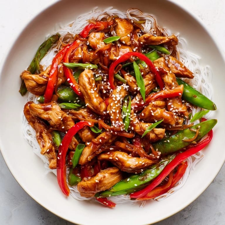 Close-up of freshly cooked Mongolian Chicken with Rice Noodles; the flavorful sauce coats everything perfectly.