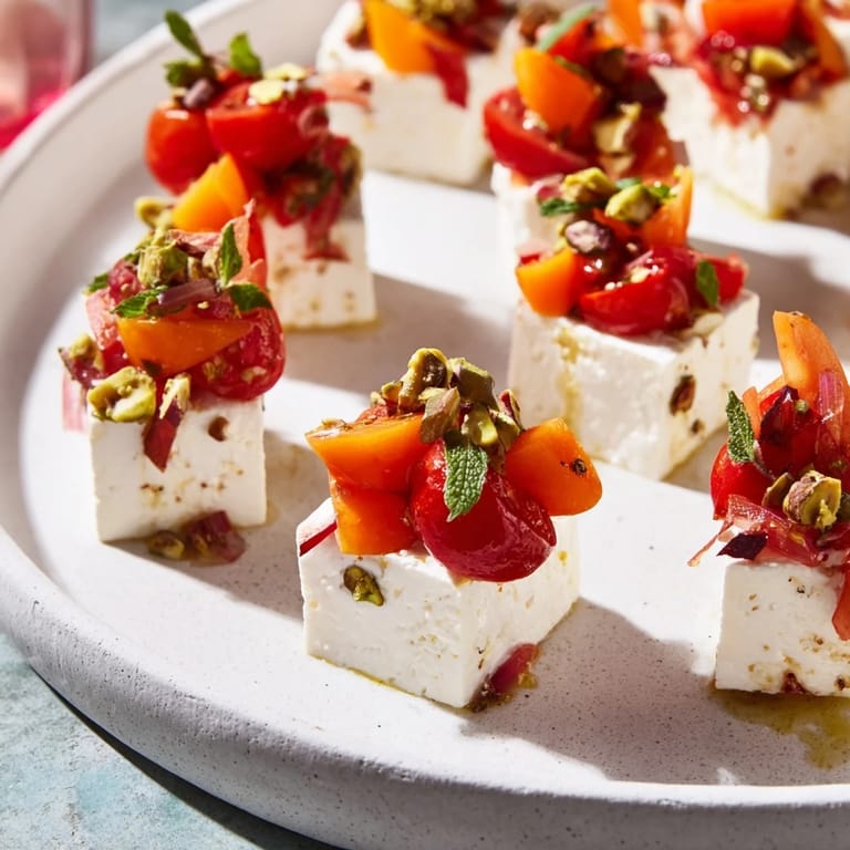 "Vibrant The Hanging Gardens appetizer arrangement with feta, hummus, and pesto, a vegetarian delight for guests."