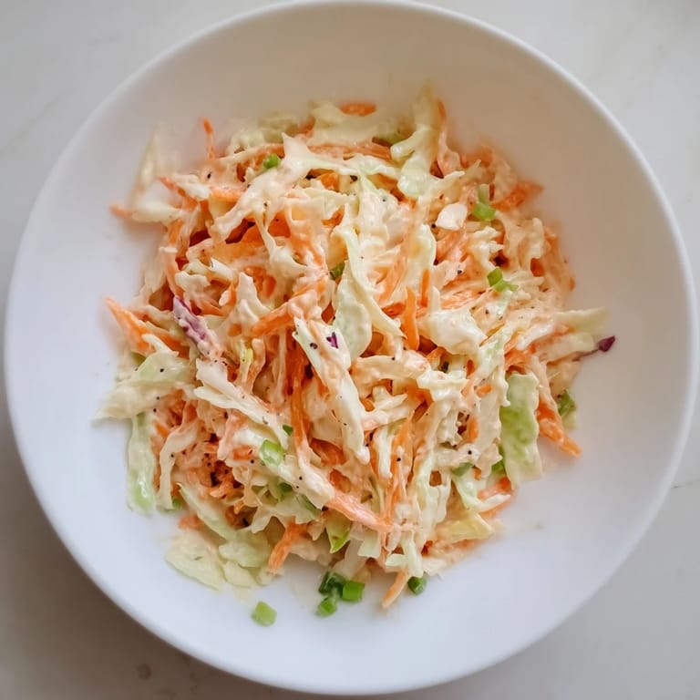 Tangy Quick Coleslaw Salad: A refreshing, cool side dish mixed with a creamy dressing, ready to serve.