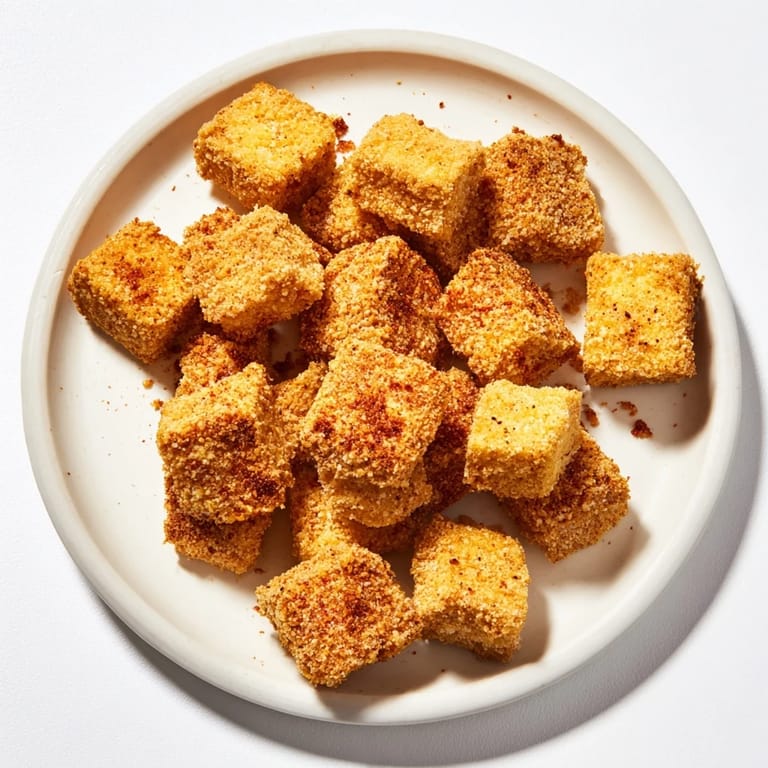 Perfectly fried and seasoned crispy tofu nuggets, a delicious vegan snack or appetizer, ready to serve.