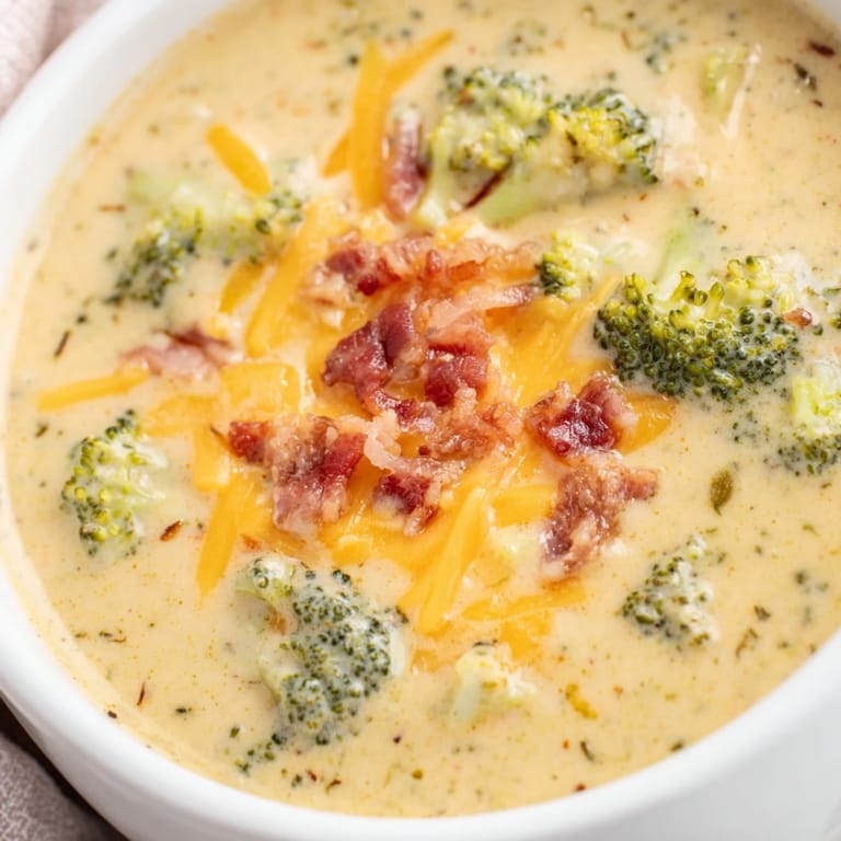 A steaming bowl of broccoli cheddar soup with melted cheese, perfect for a warming lunch on a cold day.