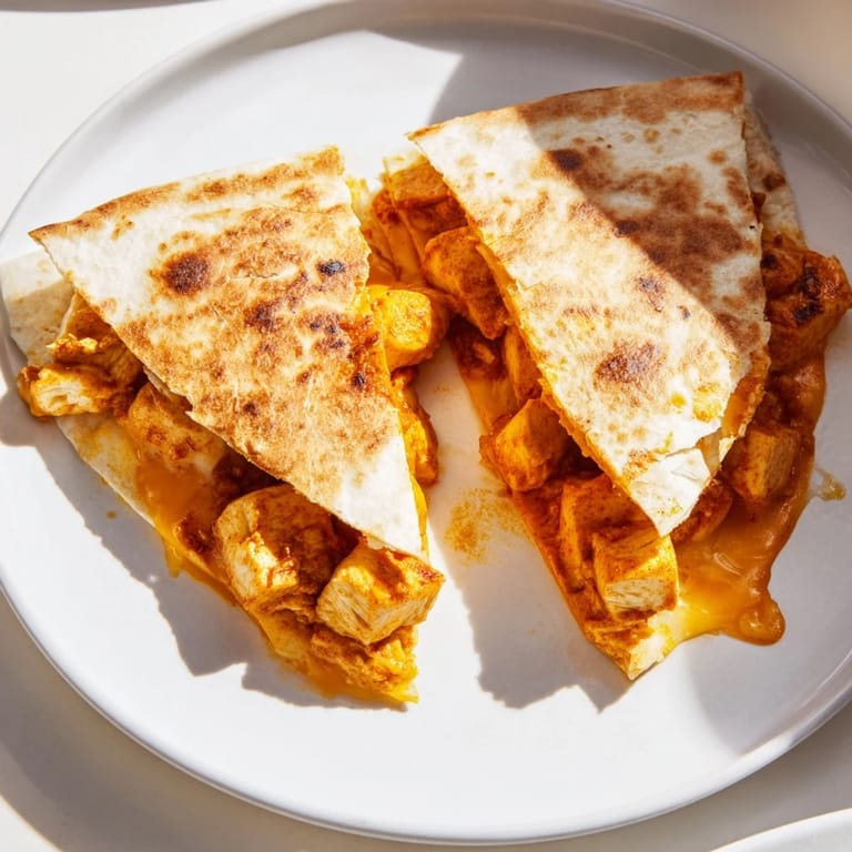 A close-up of a Butter Chicken Quesadilla, showing a cross-section of fillings and perfect browning.