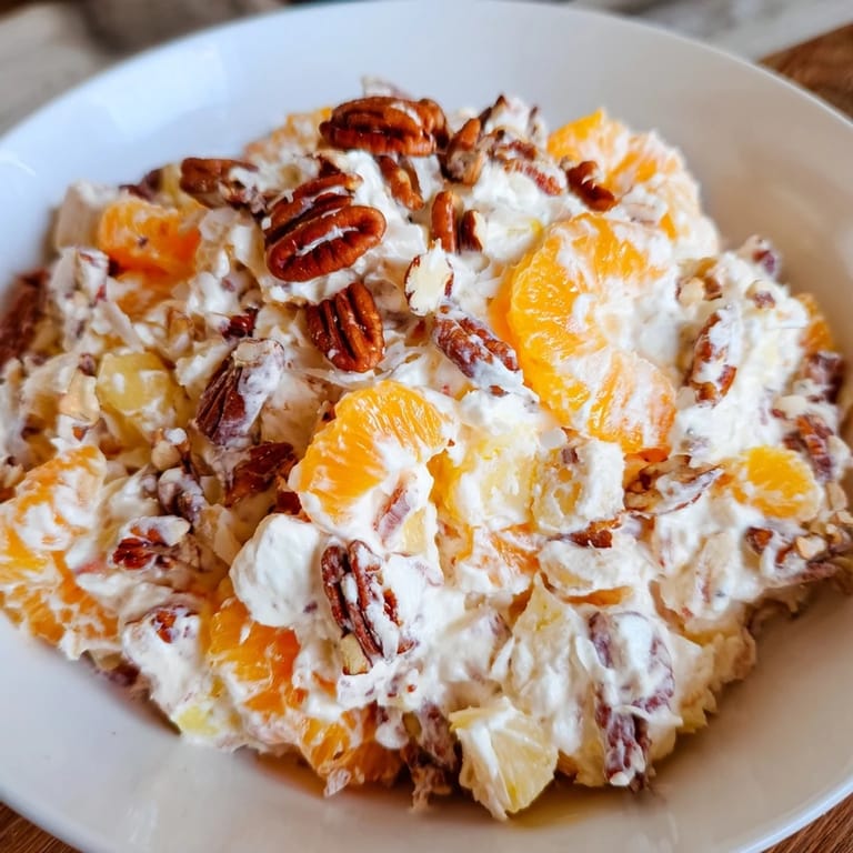 Close-up of the refreshing, chilled Elevated Ambrosia Salad, topped with toasted pecan pieces and coconut.