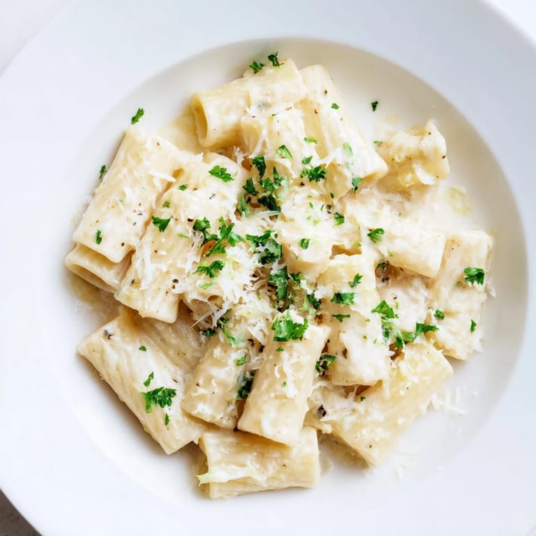 A close-up of creamy milk pasta; the silky sauce clings to the perfectly cooked pasta.