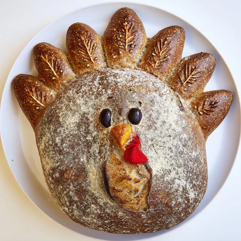 Warm, freshly baked turkey-shaped sourdough bread, detailed with peppercorn eyes and ready to serve at a gathering.