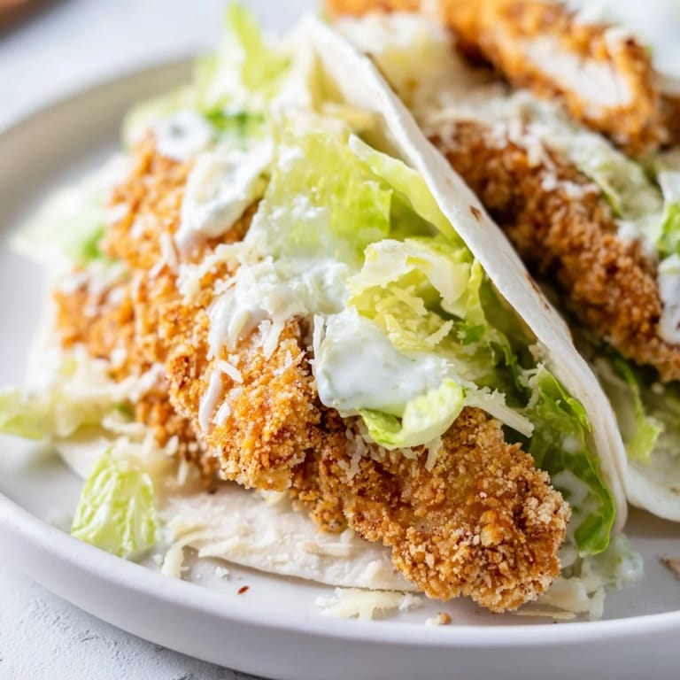 Sliced Crispy Chicken Caesar Wrap on a plate, drizzled with creamy dressing and served with lemon wedges.