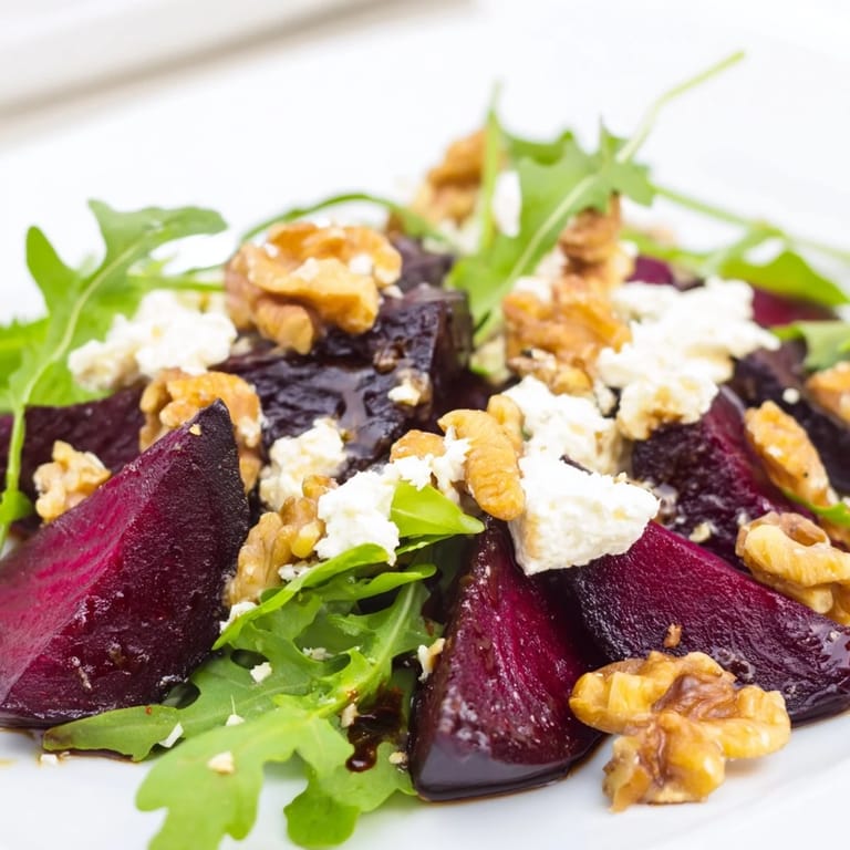 A close-up of Roasted Beet Goat Cheese Salad drizzled with balsamic vinaigrette and finished with fresh chives.