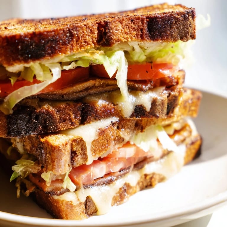 A Vegan Bacon BLT Grilled Cheese cut diagonally, revealing layers of melted vegan cheese, smoky tempeh bacon, and ripe tomato.