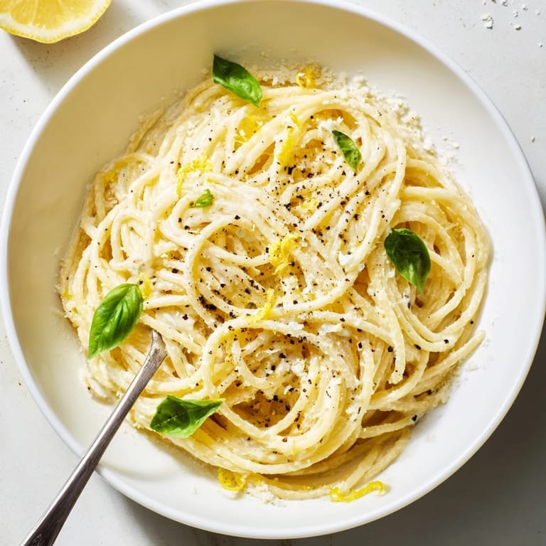 A close-up of Lemon Ricotta Pasta twirled on a fork, with the bright sauce clinging to spaghetti and a sprinkle of black pepper.