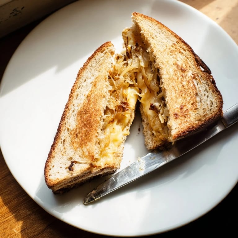 Two halves of a rustic Caramelized Onion & Gruyère Grilled Cheese show melted Gruyère and sweet onions on toasted bread.