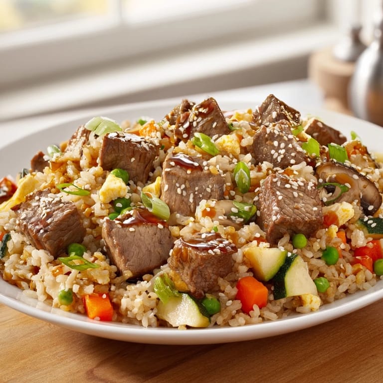 Enjoy a restaurant-quality Easy Hibachi Steak With Fried Rice at home, featuring juicy sirloin and colorful vegetables piled high on a plate with sesame seeds.
