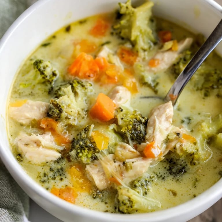 Served hot with crusty bread, this comforting Chicken Broccoli Cheddar soup is garnished with extra sharp cheddar.