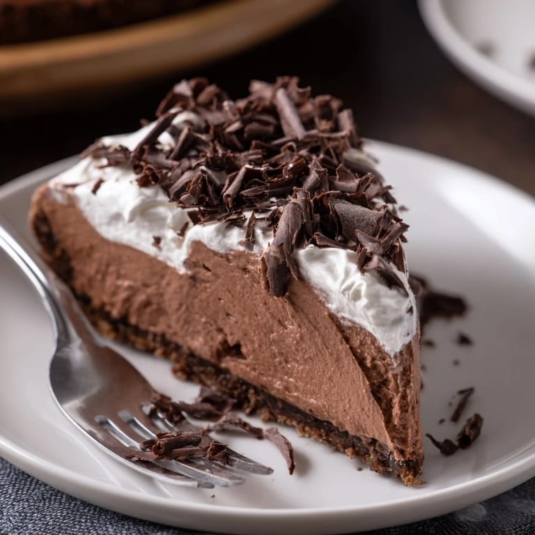 High-protein Lighter Chocolate Cottage Cheese Cheesecake, topped with shaved chocolate bliss.