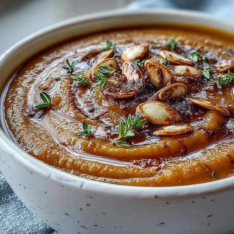 Smooth, creamy butternut squash soup steaming in a white bowl with a maple syrup drizzle.