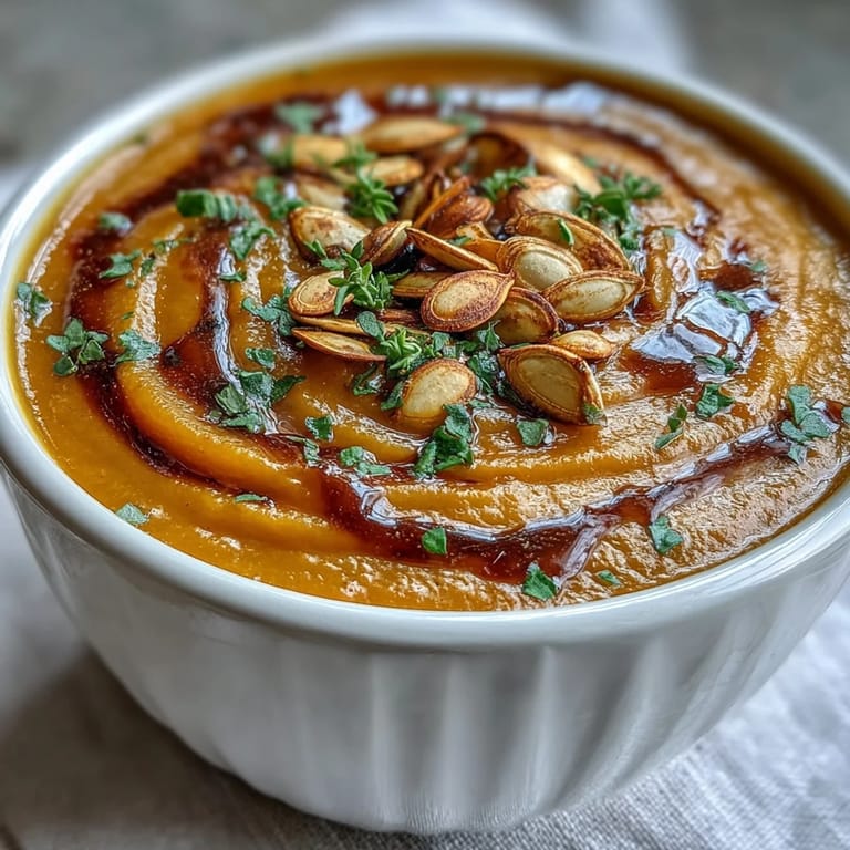 Golden-brown butternut squash soup in a rustic bowl, topped with pumpkin seeds and a thyme sprig.