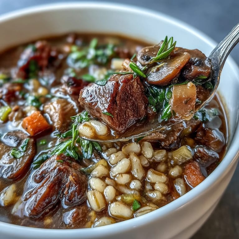 Spoon lifting a serving of beef and barley soup with mushrooms from a bowl, revealing tender chunks.